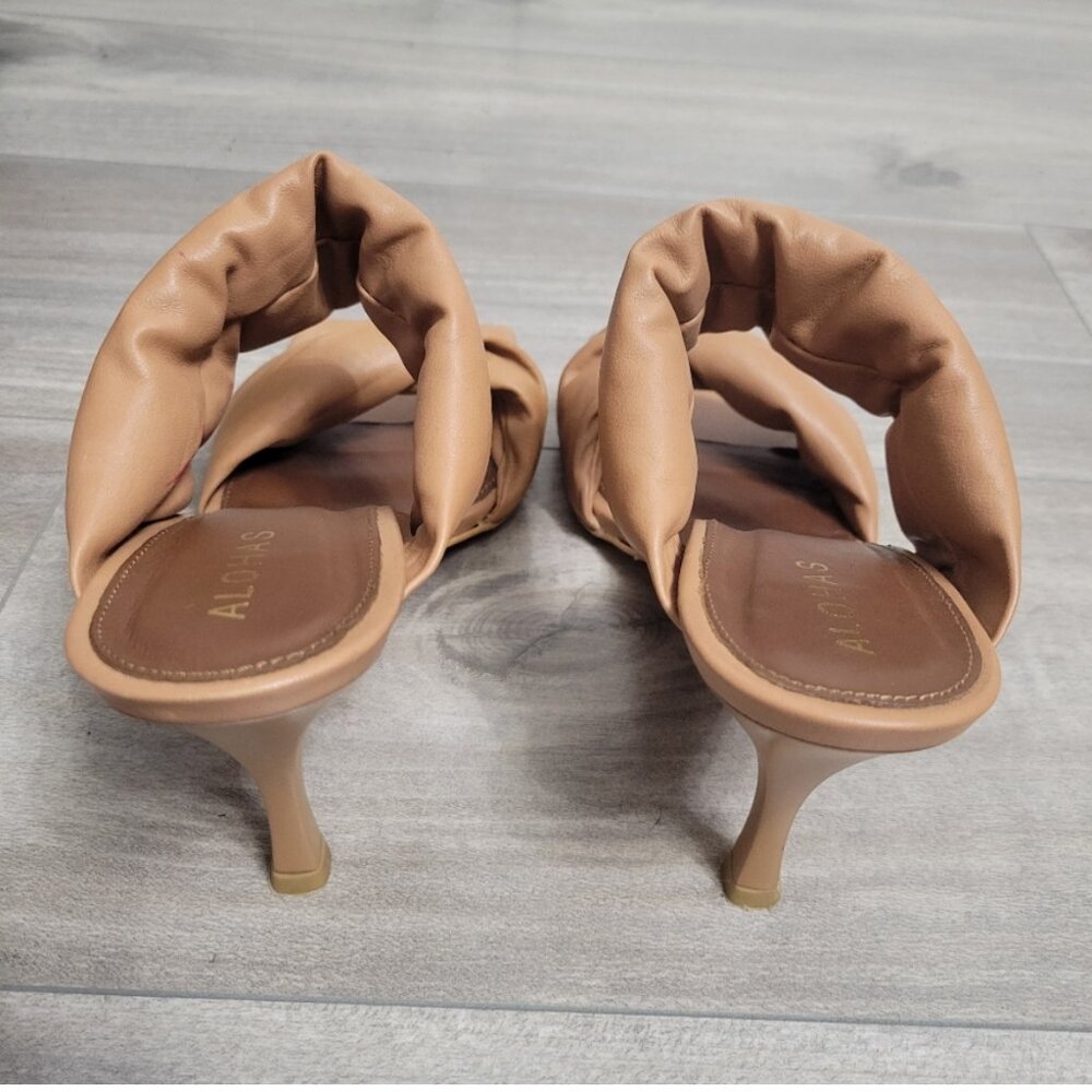 ALOHAS Twist Strap Mules Camel Leather Square Toe Heel Size 40 - Picture 3 of 3